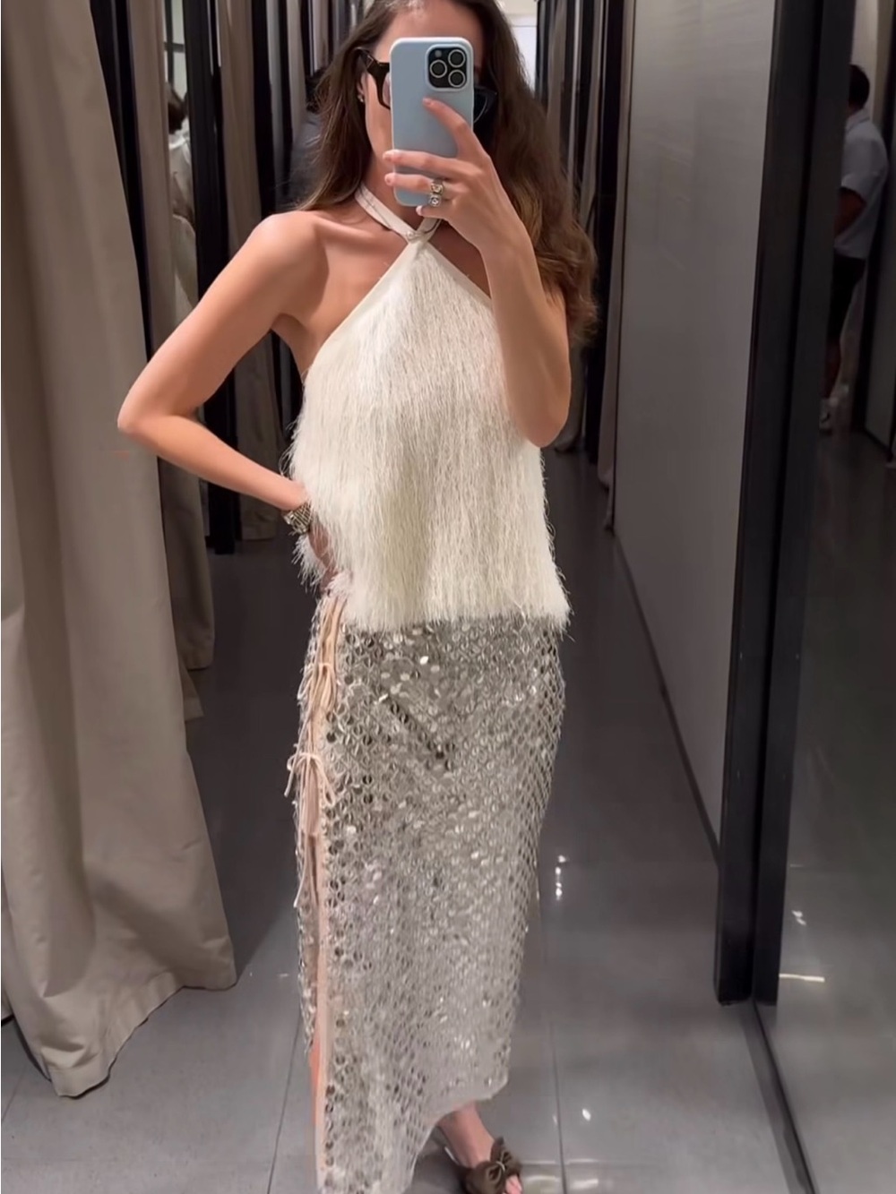ZARA FEATHERS AND METALLIC THREAD HALTER TOP